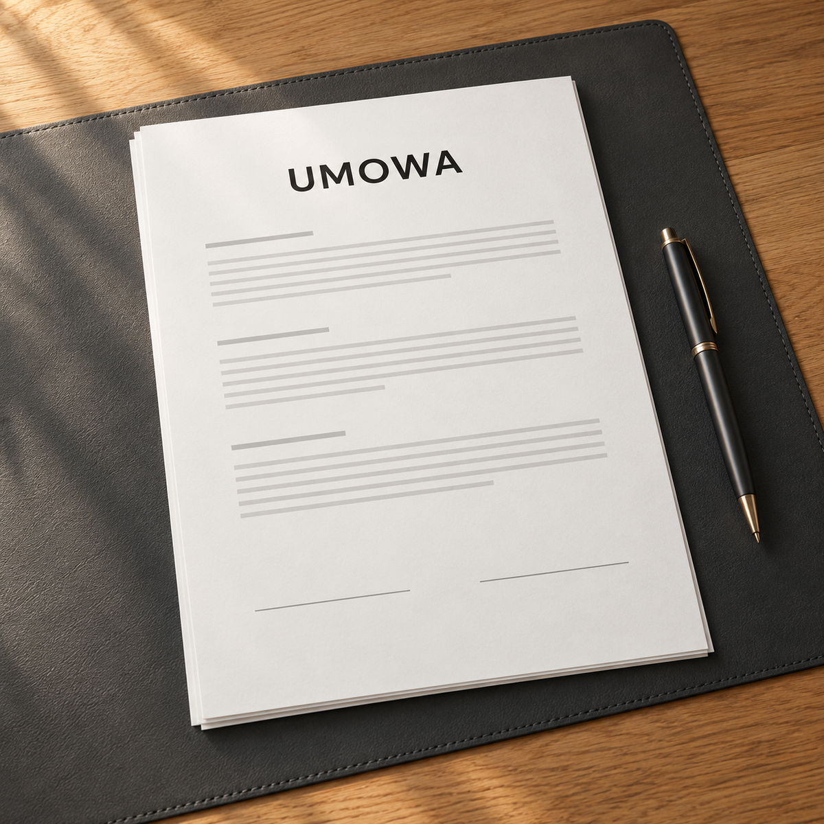 Umowa i długopis na biurku — ilustracja etapu podpisania umowy.