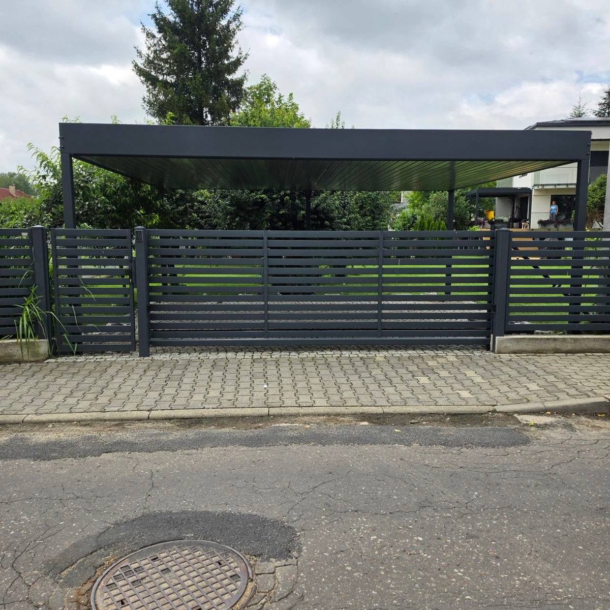 Front posesji z zamkniętą bramą